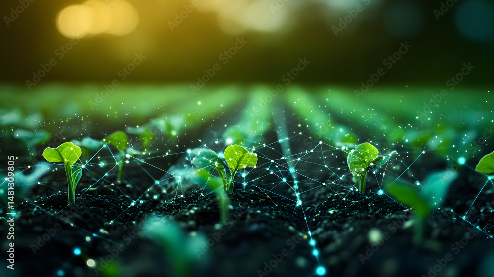 Fototapete futuristic agriculture: seedlings emerge, connected by a glowing data network. growth monitoring and