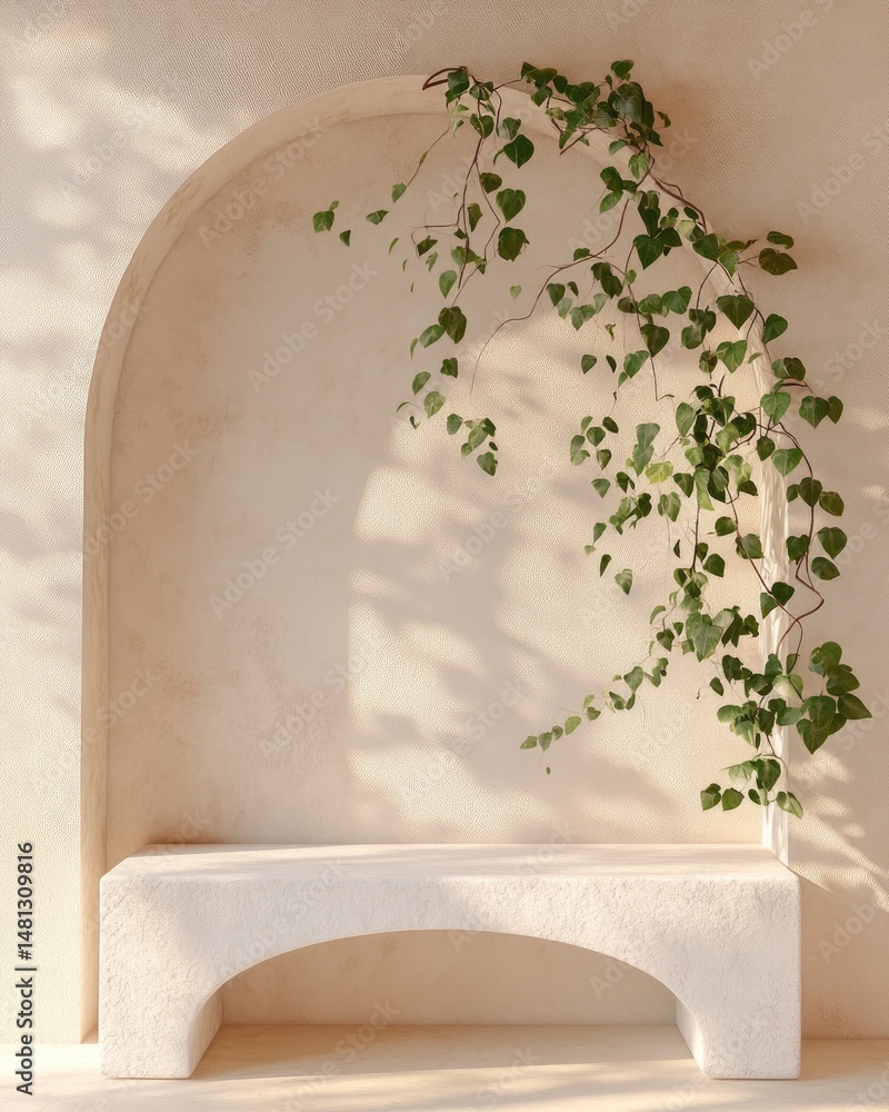Poster a serene interior scene featuring a minimalist stone bench in a soft-toned room with arched openings