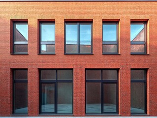 symmetrical modern red brick building facade with large clear windows reflecting blue sky