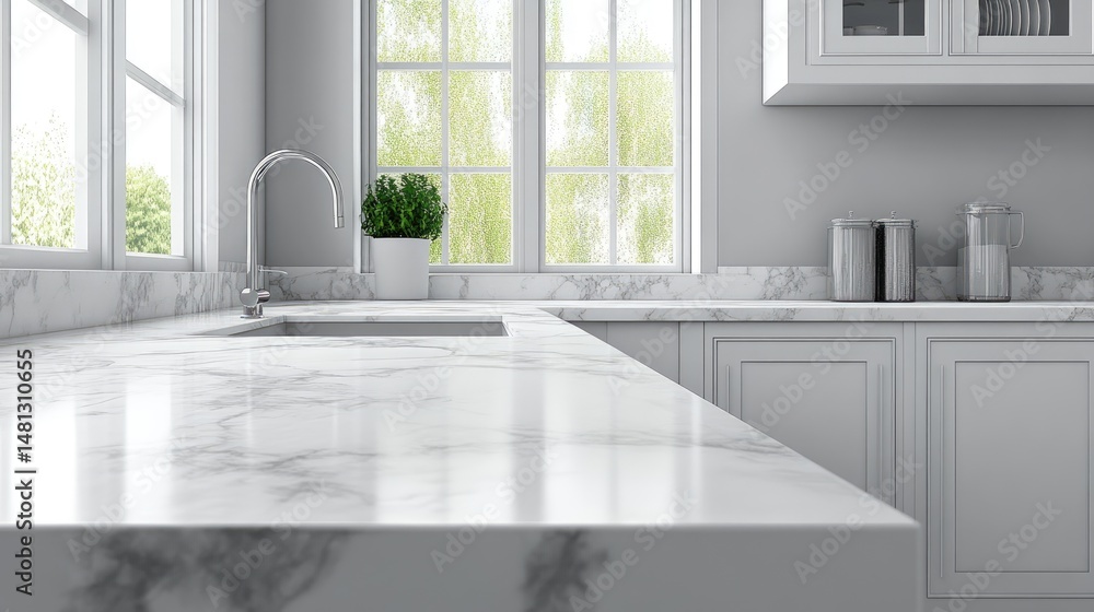 Poster modern kitchen featuring a spacious island with a sleek countertop. elegant cabinetry. and abundant 