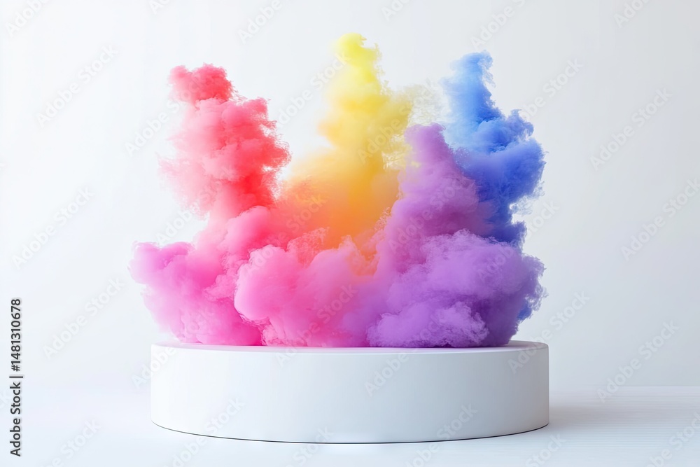 Poster a vibrant display of colorful smoke swirling in pink and blue against a soft gradient background. cr