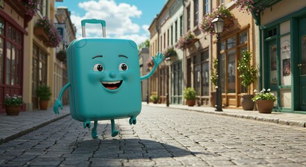 Smiling Suitcase Waves on Cobblestone Street