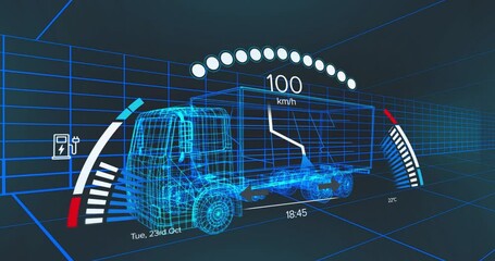 Wireframe cargo truck rotating within dark blue 3D grid space, showing gauges, icons, data readouts - Powered by Adobe