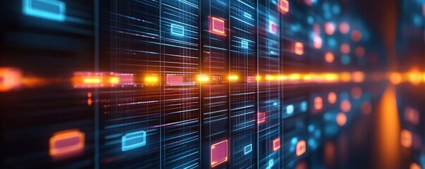 Naklejka premium Futuristic digital data center with glowing blue and orange light panels and horizontal light streaks creating a sense of motion and advanced technology