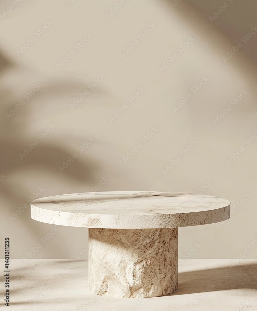 Poster a minimalist composition featuring a textured rock placed on a circular pedestal. illuminated by sof