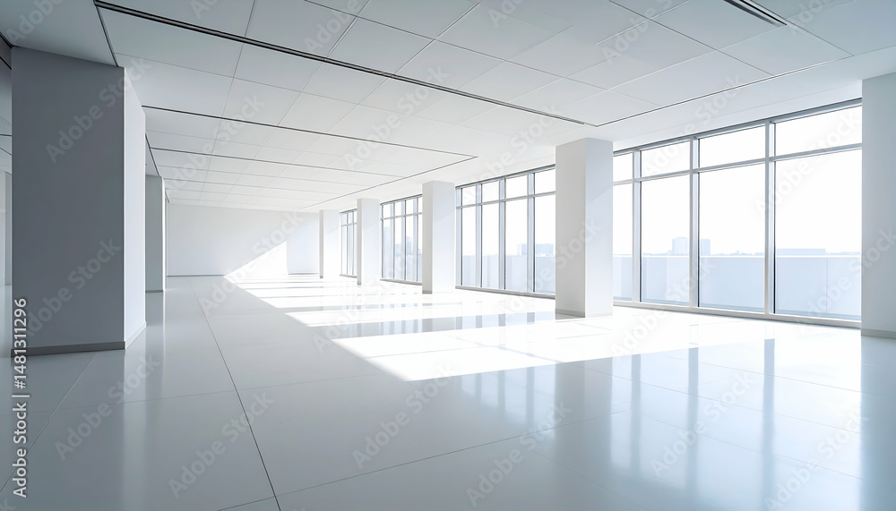 Poster bright white empty room interior with minimalist design and large windows architecture featuring cle