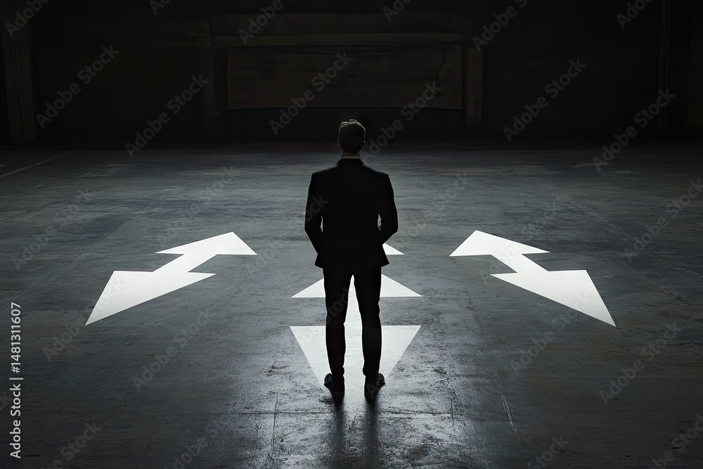 Aufkleber a solitary figure in a suit stands in a dimly lit space. contemplating multiple directional arrows o