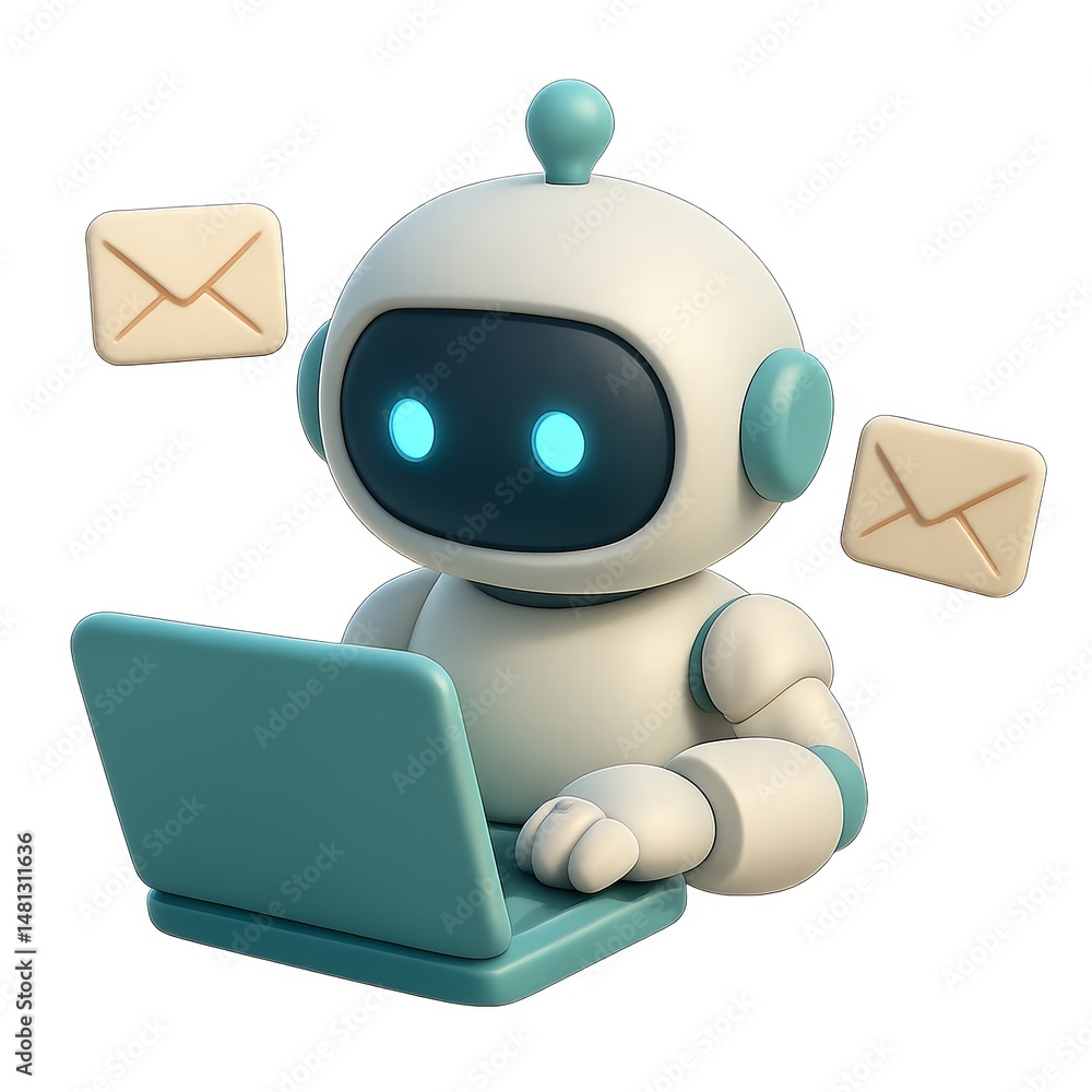 Poster 3d robot using laptop to compose emails in a modern office setting