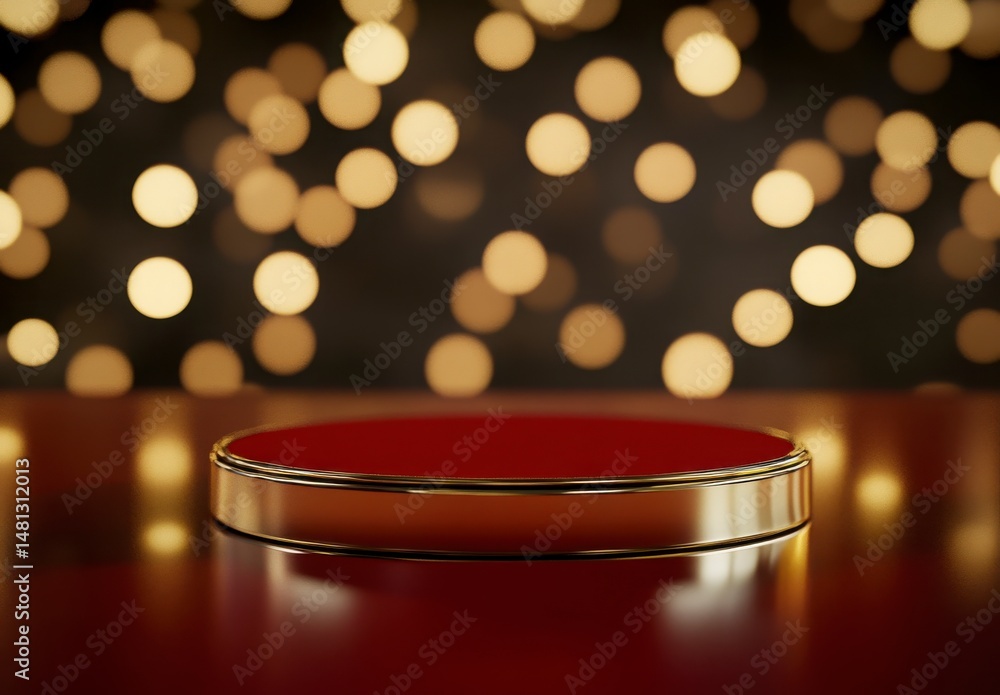 Aufkleber Red And Gold Circular Platform On Dark Background With Bokeh Lights