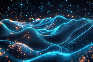 Abstract digital waves made of glowing blue particles with scattered orange light points creating a futuristic, dynamic landscape with a starry background