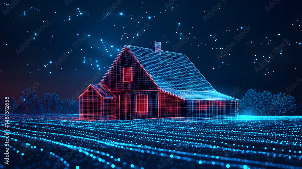Poster Futuristic house illustration with a wireframe design set against a starlit night and digital landscape. Evokes innovation, technology, and modern architecture. Abstract wireframe in dark blue.