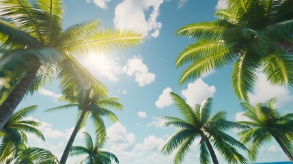 Fototapeta premium Lush tropical palms against a vibrant sky.