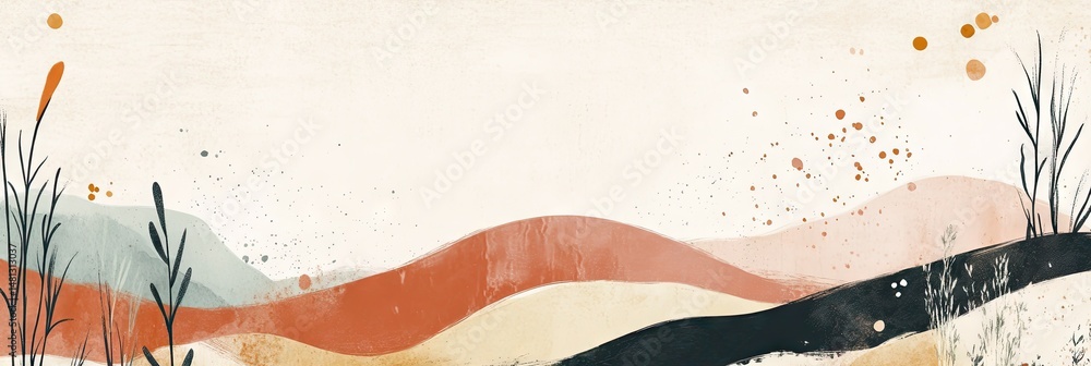 Poster serene abstract landscape featuring soft curves and earthy tones. with gentle hills and sparse veget