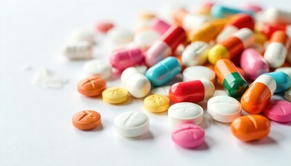 Close-up of assorted pills and capsules on a white background , shapes, supplements, drugstore