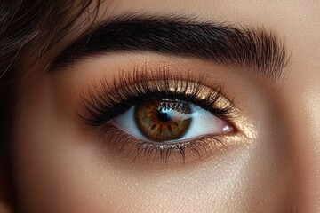 Fototapeta premium Close-up of a human eye with long eyelashes, well-groomed eyebrow, and smooth skin showing detailed eye texture and golden eyeshadow, evoking elegance and calmness