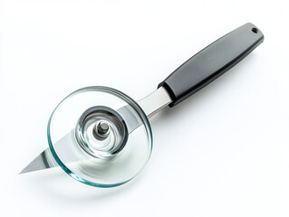 A glass cutting tool, isolated on a clean white background, with sharp cutting wheel and sturdy handle, minimal shadow.