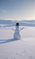 Lonely snowman in expansive snowy field, skis & sled nearby , blue, winter wonderland, calm
