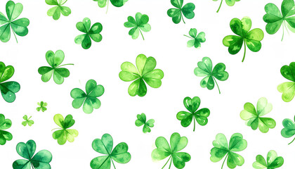 A vibrant pattern of green clover leaves scattered across a white background, evoking a fresh and lively feel