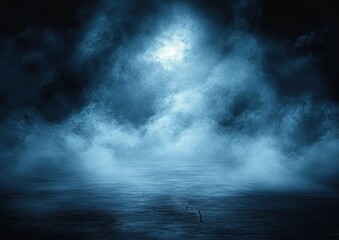 Mysterious dark scene with thick blue fog swirling over cracked concrete floor creating an eerie and dramatic atmosphere under soft light