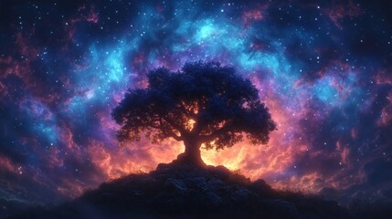 Obraz premium Tree Silhouette Against Nebula Sky at Dusk