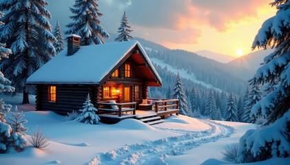 Fototapeta premium Cozy winter cabin scene with snow-covered trees and warm lighting , cabin, retreat