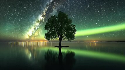 Tree Reflected on Water Under Milky Way Sky
 - Powered by Adobe