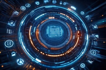 Futuristic glowing circular digital interface with blue and orange data visualizations and technological icons revolving around a central microchip design