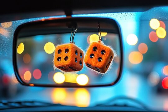 Close-up of two fuzzy orange dice hanging from a rearview mirror inside a car at night with colorful blurred lights in the background