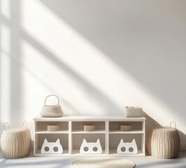 Simple White Cat Themed Room Decor with Baskets and Sunlight