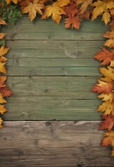 Obraz premium Rustic fall leaves border on log, blank green wood sign , aged, template, fall