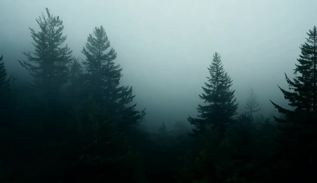 landscape of dark forest with fog