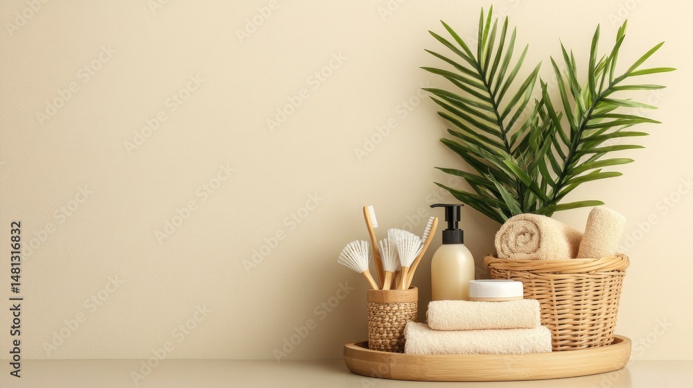 Poster a serene bathroom setting featuring neatly arranged towels. natural skincare products. and a touch o