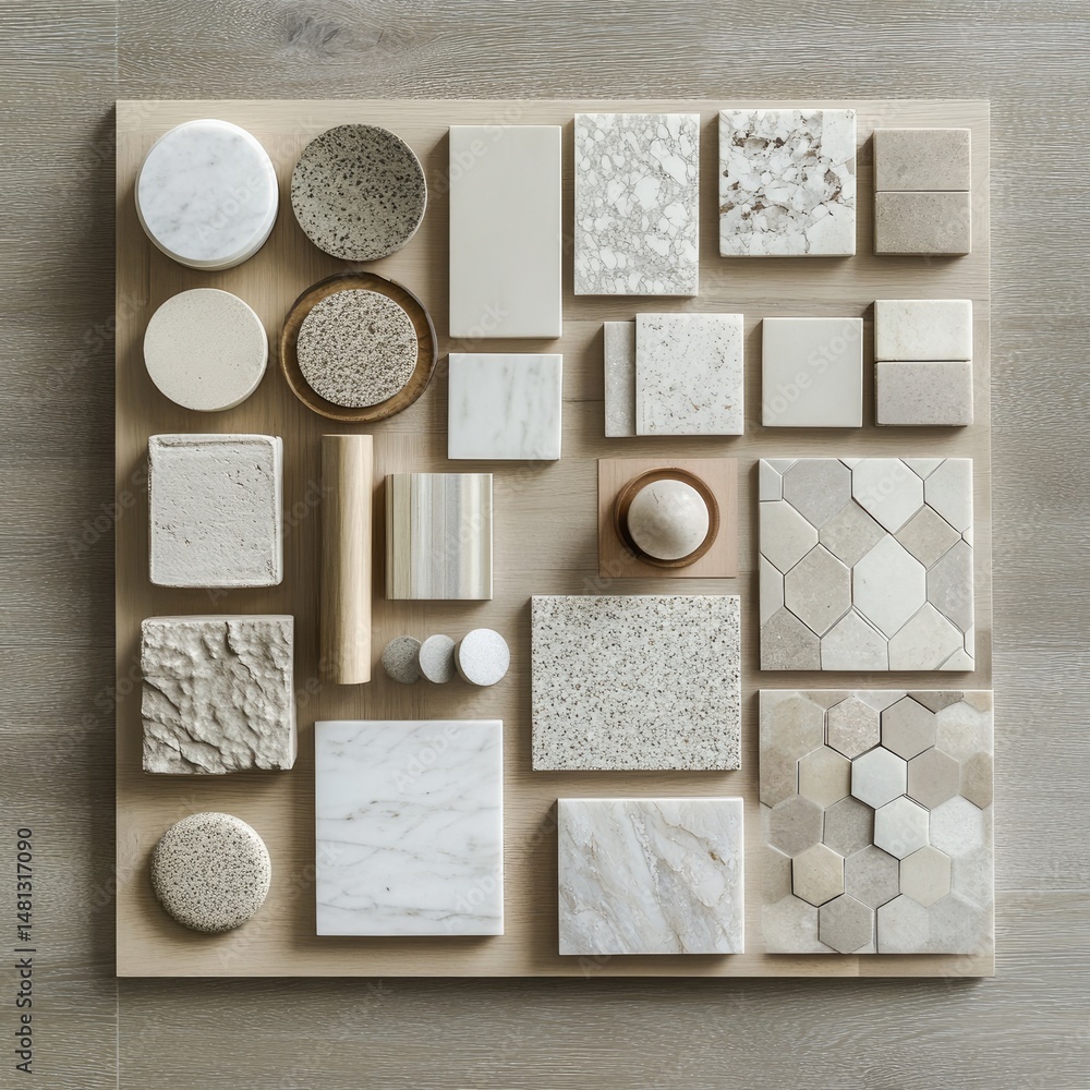 Aufkleber a diverse collection of textured stone and tile samples arranged in a grid pattern on a wooden surfa