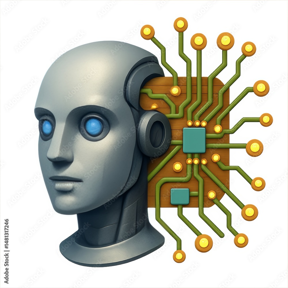 Poster futuristic robot head with circuitry design and simple aesthetics