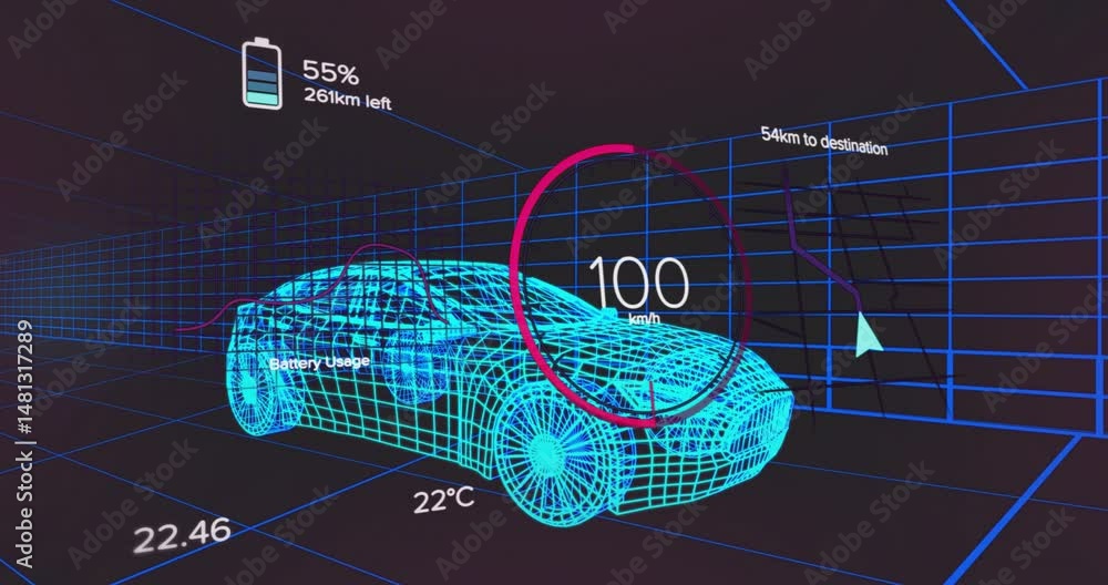 Poster wireframe car model floating inside 3d grid while hud gauges updating speed battery route data