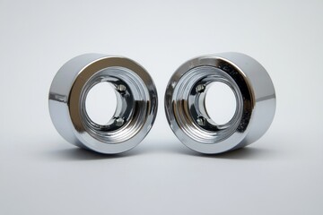 Two shiny metallic cylindrical parts with threaded interiors placed side by side on a white surface