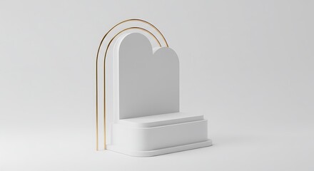 Minimalist product display with white pedestal and gold arches for showcase