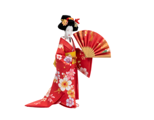 Isolated Geisha Doll In Red Kimono With Fan