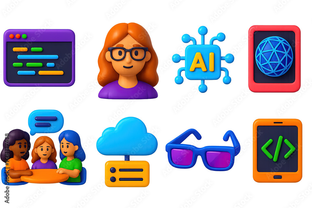 Poster tech and innovation 3d icons set – digital, ai, programming symbols