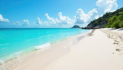 Fine white sand stretches along a tranquil shoreline , shoreline, water, shore