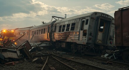 Fototapeta premium Train crash with emergency vehicle in junkyard