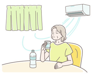 エアコンの効いた室内で水分補給するシニア女性のイラスト