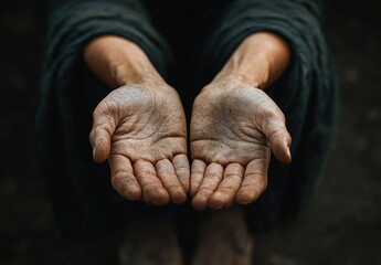 Fototapeta premium Close-up of two dirty, outstretched hands held together with palms facing upward conveying need and humility