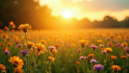 Golden hour sunlight streams across a field of wildflowers , spring, peaceful