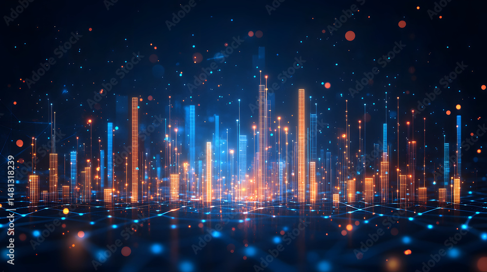 Fototapete Futuristic digital cityscape with vibrant blue and orange structures on a dark base. Glowing lines create a sense of connection and data flow. Abstract wireframe in dark blue.