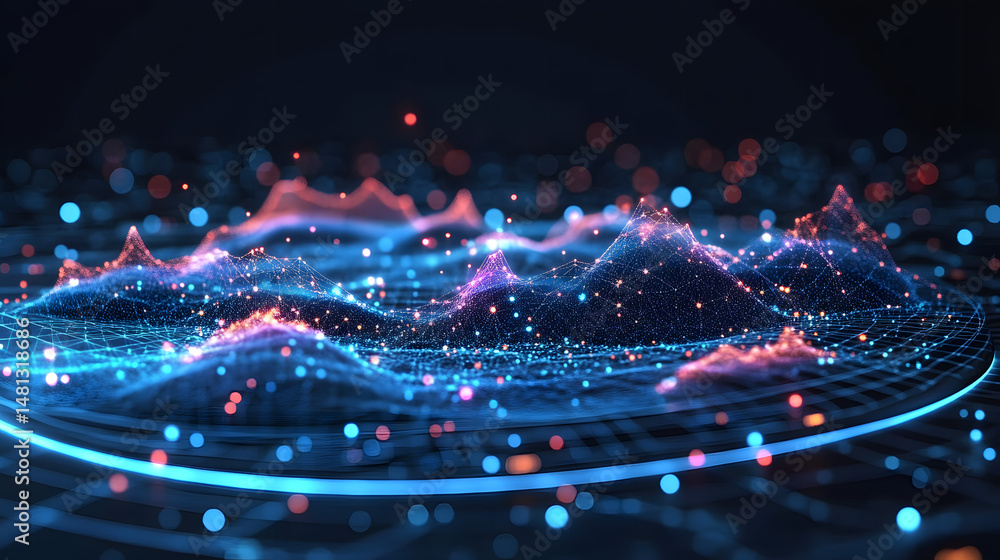 Leinwandbilder Futuristic digital landscape with glowing data topography and concentric light rings. Visualizes complex networks and data flows. Ideal for tech backgrounds and abstract wireframe in dark blue