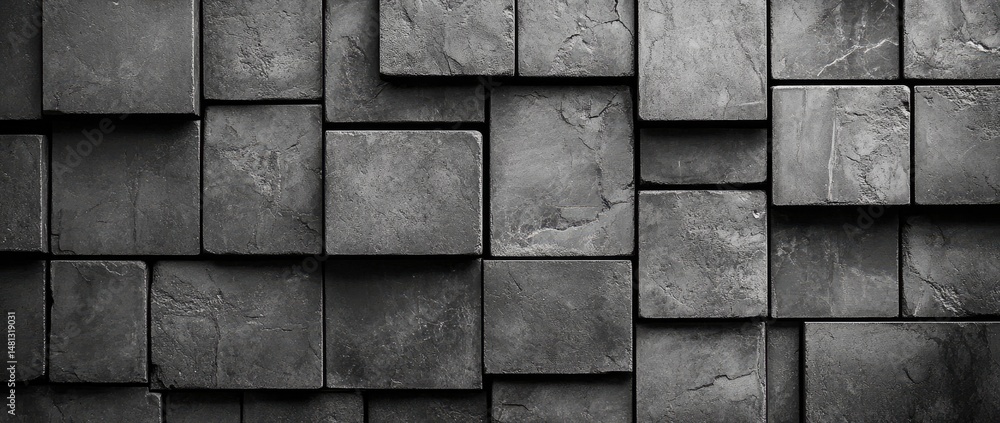 Poster a close-up view of a textured stone wall featuring dark. unevenly shaped blocks. showcasing natural 