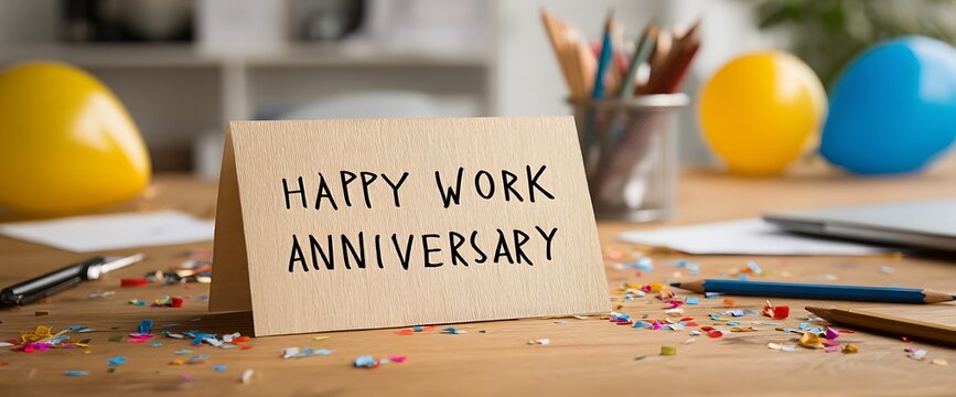Happy work anniversary card on desk with balloons, confetti, and office supplies around it