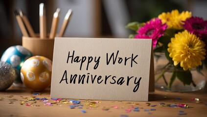 A work anniversary card surrounded by flowers, pencils, and decorative balls on a table