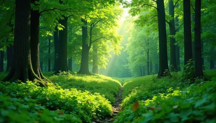 Fototapeta premium Lush green forest background, perfect for nature themes , sunlight, trees, landscape